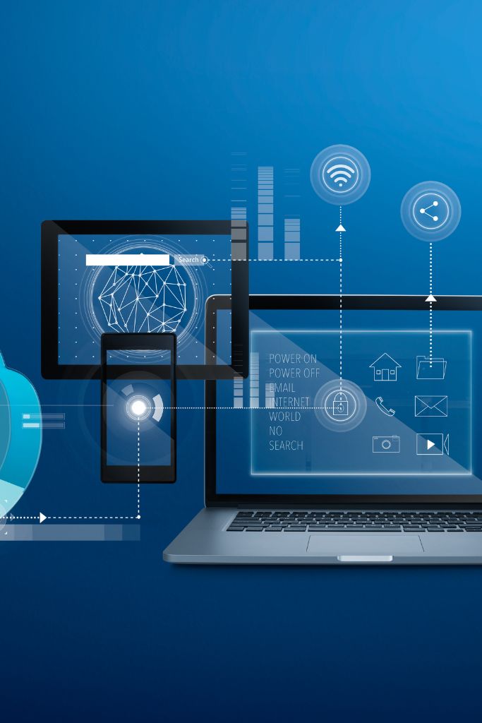 A visual array of a phone, tablet, and laptop each displaying different cybersecurity protection symbols, illustrating multi-device security.