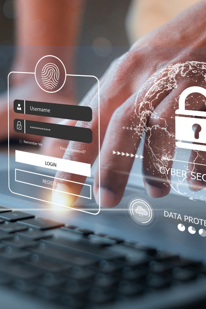A hand typing on a keyboard with an overlay showing username login and password encryption processes, emphasizing secure data entry.