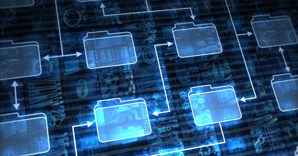 A visual representation of interconnected digital data flows secured with IT GOAT’s advanced data protection measures, emphasizing structured cybersecurity strategies.