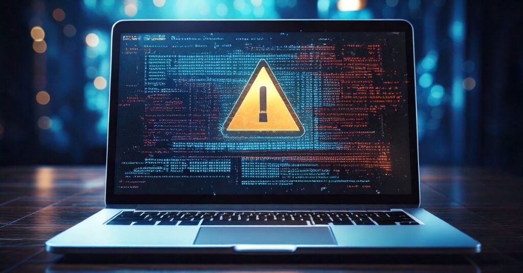Construction laptop screen displaying a suspicious login attempt with warning symbols