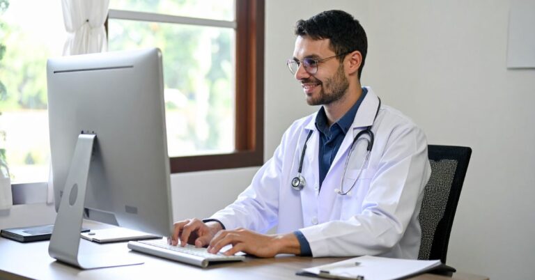 Remote healthcare team working securely from multiple locations with IT monitoring in place.