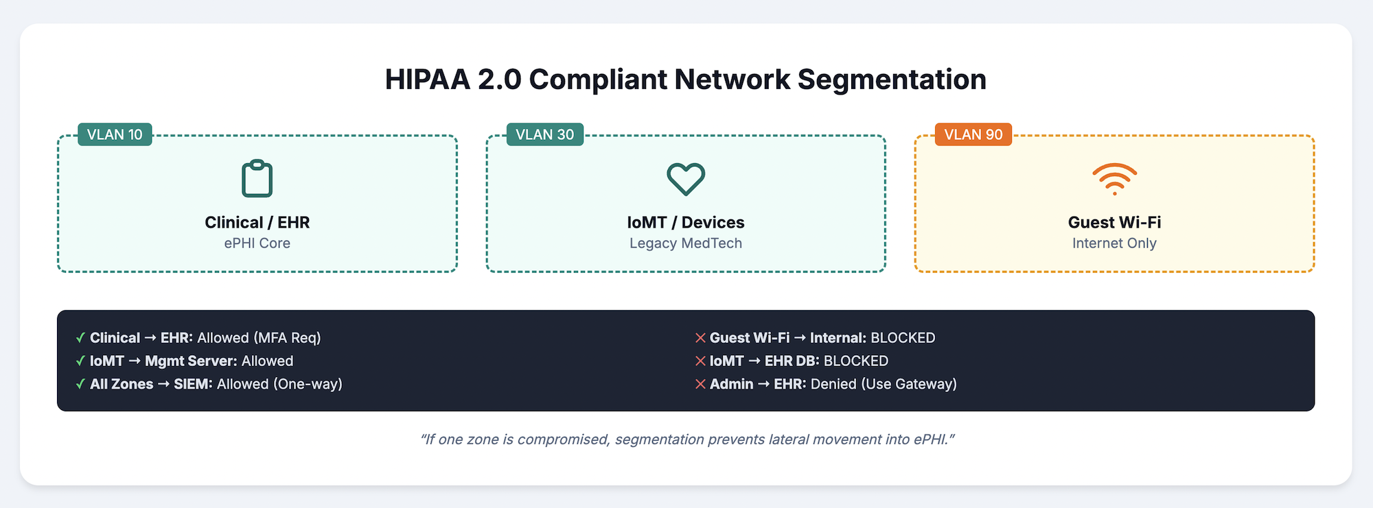 Healthcare network segmentation diagram separating Clinical/EHR, IoMT devices, and Guest Wi-Fi into isolated VLANs with controlled access rules to prevent lateral movement into ePHI systems.