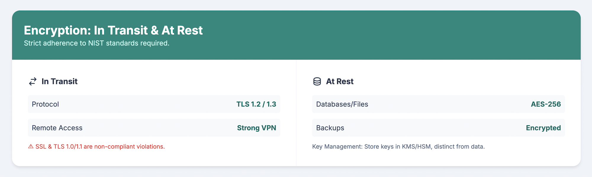 Comparison of encryption standards showing TLS 1.2/1.3 for data in transit, AES-256 for data at rest, encrypted backups, VPN access, and NIST compliance requirements.